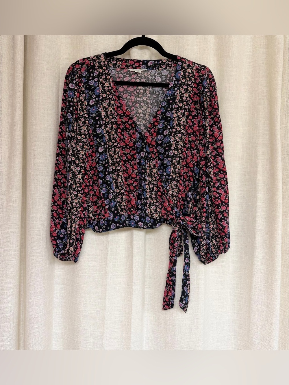 American Eagle Outfitters Black Floral Wrap Blouse with Pink & Blue Flowers